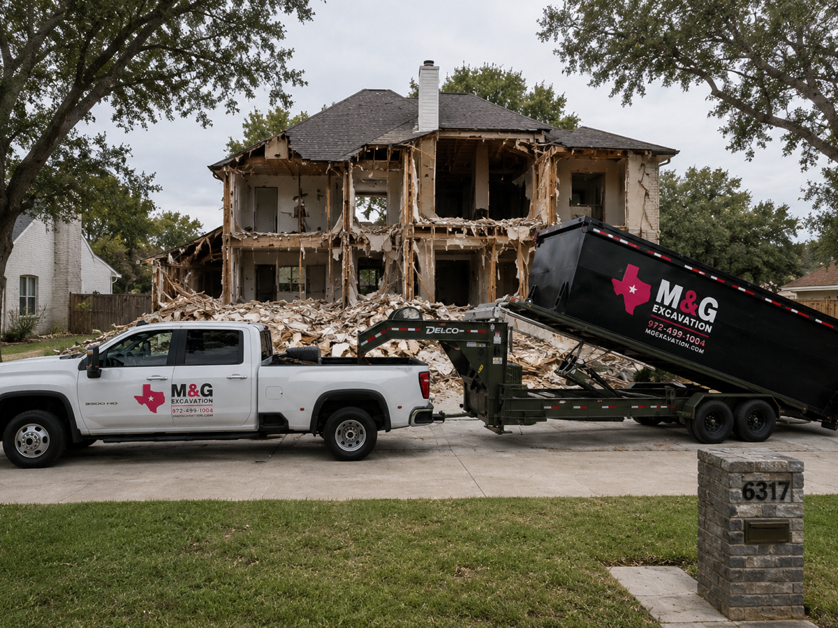 M&G Excavation truck and gooseneck dump trailer on a residential job in Texas